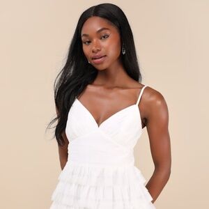 Lulus Special Poise White Tulle Pleated Sleeveless Tiered Mini Dress - Size S